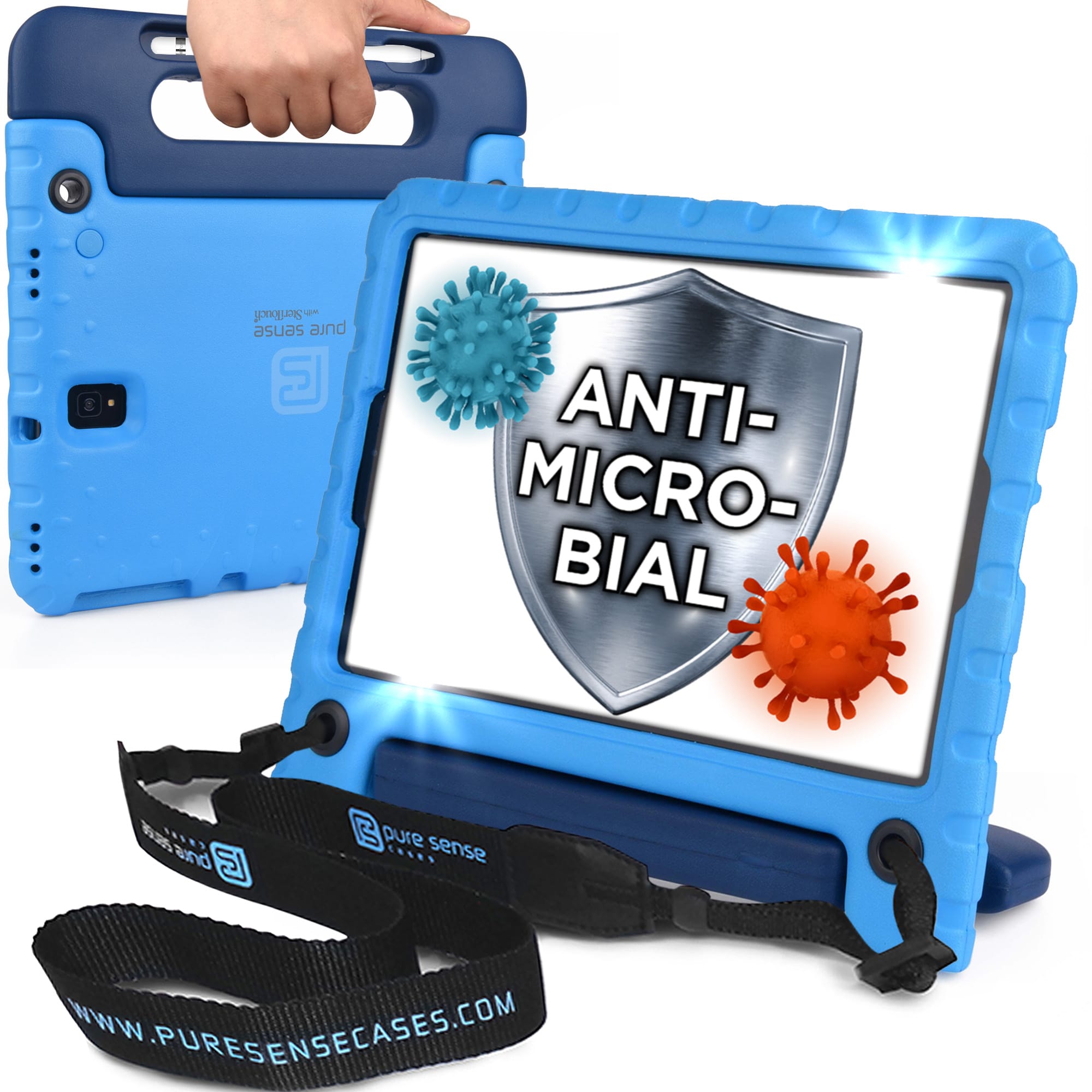 Buddy Antibacterial Protective Kids case for Samsung Galaxy Tab E 8.0 // Handle+Stand, Shoulder Strap, Screen Spray