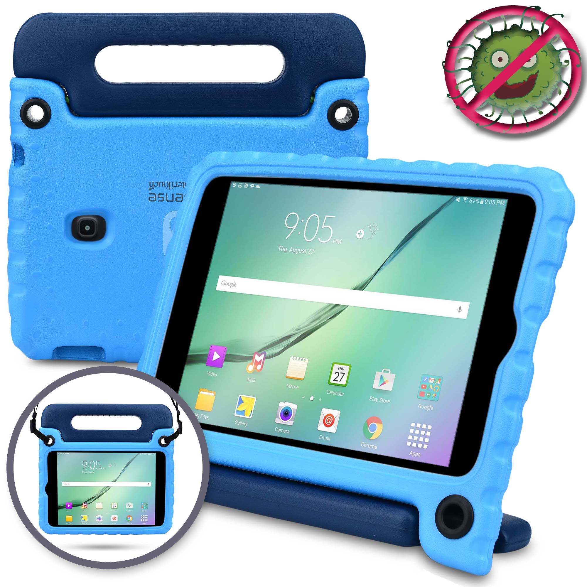 Buddy Antibacterial Protective Kids case for Samsung Galaxy Tab A 8.0 (2018) // Handle+Stand, Shoulder Strap, Screen Spray